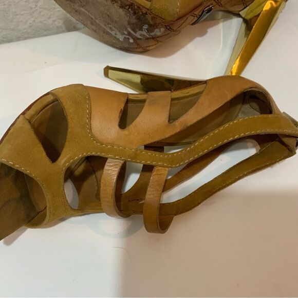 L.A.M.B. Tan Leather And Suede Strappy Sandals With Gold Heel Size 6 M - Picture 11 of 15
